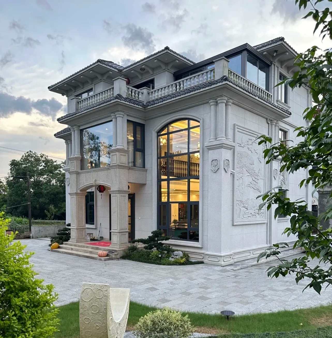 青海 白麻花岗岩私人别墅干挂石材豪华定制