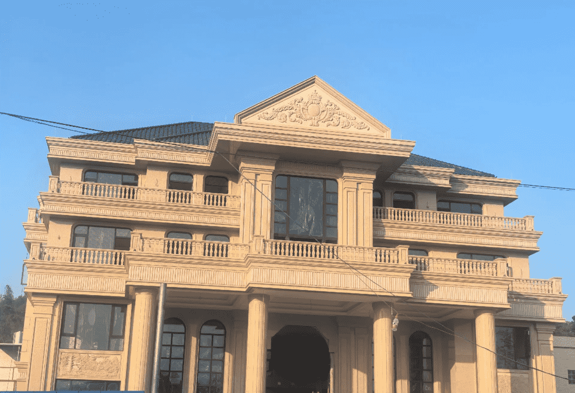 青海黄金麻别墅外墙干挂石材效果示例